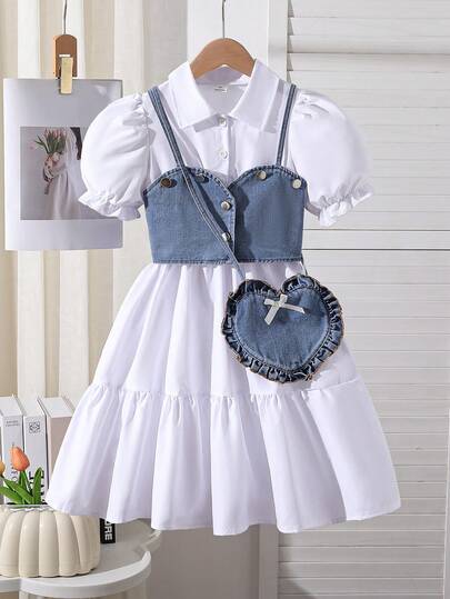 Elladie kids 夏季新款优雅通勤风女童两件套，牛仔露脐吊带背心+纯色短袖衬衫裙，附赠心形包，适合日常、上学、派对等场合。