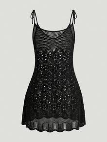 Sweetra CURVE 大碼鏤空肩上打結罩衫洋裝不附比基尼 - 黑色 - 查看 1