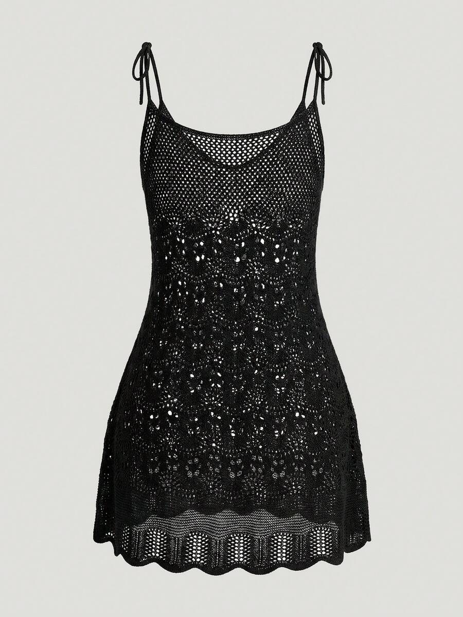 Sweetra CURVE 大碼鏤空肩上打結罩衫洋裝不附比基尼 - 黑色 - 查看 1