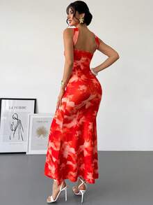 Rafferiza Women's Floral Print Ruffle Hem Halter Neck Zanea Dress,Red Orange,Summer,70s,Night Out,Party Red Carpet Outfit New Arrival Dinner Dresses For Woman - Orange - View 2