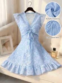 Franclia Vestido de vacaciones con mangas de encaje bordado - Azul - Ver 10