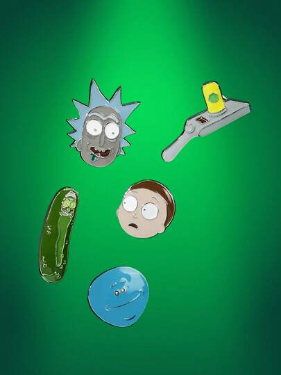 Rick and Morty X SHEIN 5件套时尚可爱卡通锌合金胸针别针套装，包包挂饰，适合作为礼物、收藏品、纪念品