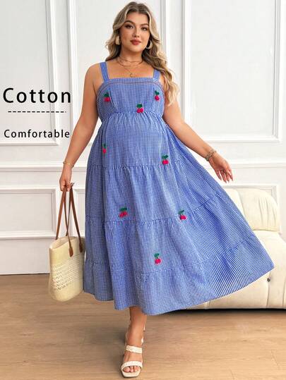 SHEIN Plus Size Maternity  Plus-Size Blue Striped Cotton Vacation-Style Maternity Dress, Sweet And Lovely Cherry Design.  Plaid Print Ruffle Hem Cami Dress