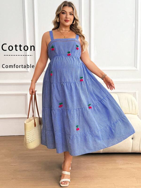SHEIN Plus Size Maternity  Plus-Size Blue Striped Cotton Vacation-Style Maternity Dress, Sweet And Lovely Cherry Design.  Plaid Print Ruffle Hem Cami Dress