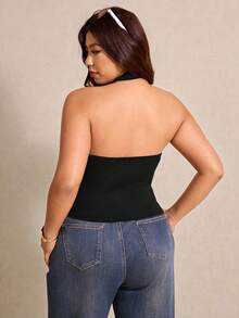 Elaquor Áo quây hở lưng màu trơn dành cho nữ cỡ lớn - màu đen - Xem 2