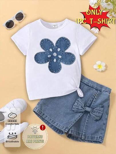 Girls' Casual Chic Creative Floral Print Basic White Short T-Shirt, Comfortable Daily Wear For Spring, Summer And Autumn
