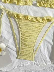 Swim Mod Bộ bikini đi biển mùa hè 2 mảnh dành cho nữ, áo bikini buộc dây cổ yếm có họa tiết đặc biệt và quần bikini buộc dây bên hông có bèo nhún. - Màu vàng - Xem 4