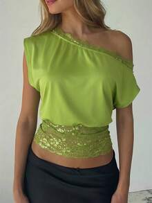SHEIN SXY Elegante Spitze Splice Einschulter Bluse - Grün - Übersicht 4