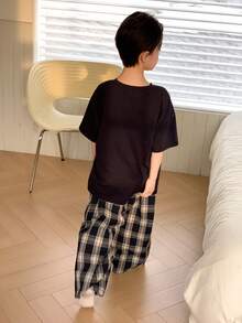 DAZY Tween Boy Solid Color Crew Neck Short Sleeve Top And Plaid Pants Casual Loungewear Pajama Set Summer - Navy Blue - View 2