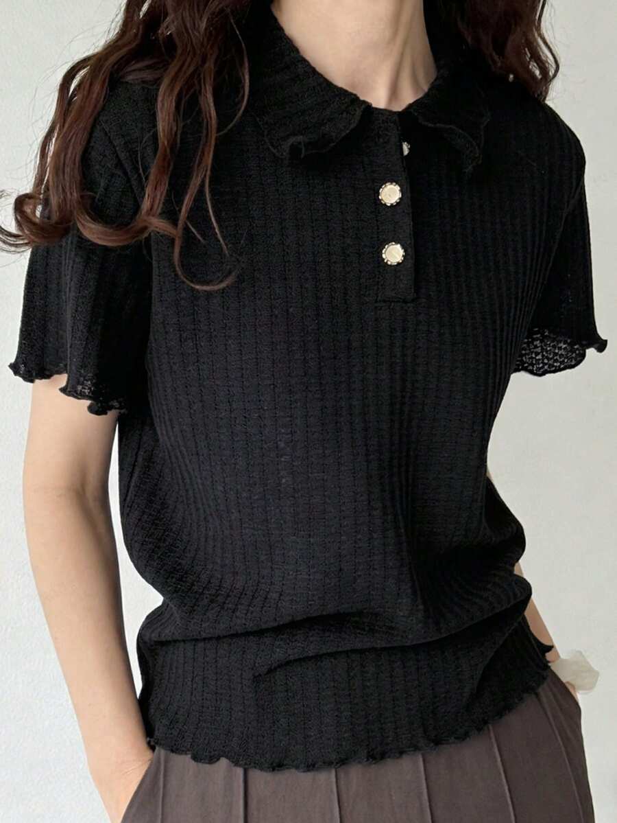 FRIFUL 女士华夫格针织半拉链 Polo 领纹理面料装饰领金属纽扣宽松 T 恤 夏季 - 黑色 - 查看 1