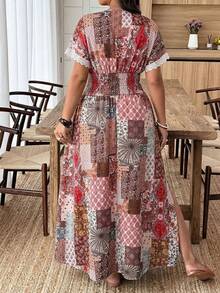 Weeklong Plus Size Women's V-Neck Lace Trim Printed Split A-Line Vacation Dress, Bohemian Holiday Outfit - Multicolor - View 2