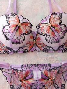 Elorette 2pcs Lavender Floral Embroidered Butterfly Pattern Balconette Bra Set, High Support, Lift & Cleavage, Comfortable Push-Up - Lilac Purple - View 4
