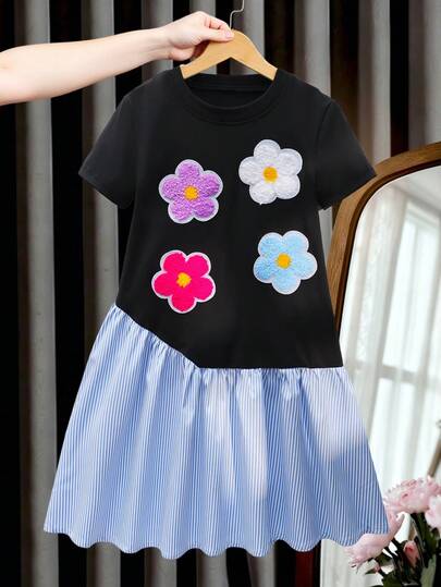 女童（小号）蓝色舒适圆领短袖拼接可爱休闲校园风蝴蝶结装饰连衣裙