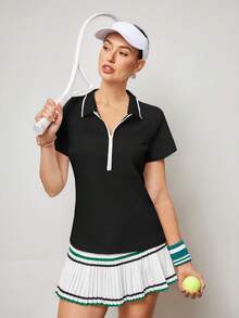 Activina Camisa polo deportiva de mujer con cuello de contraste y manga corta - Negro - Ver 5