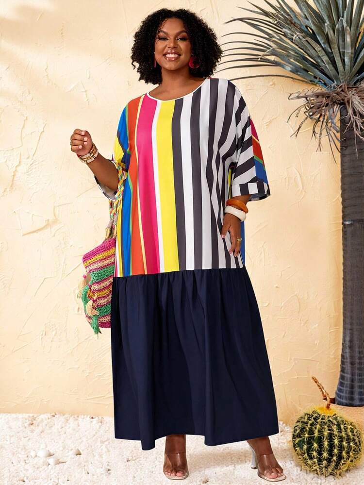 Plus Size Women's Summer Casual Vacation Color Striped Patchwork Loose Fit Long Dress For Summer/ Vacation,Summer Holiday,Spring Break Outfits ,Vacation Outfits Women ,Holiday Outfits For Women,Going Out Outfits,2026 New Clothes,Simple And Fashionable For Everyday Wear,Casual Dresses For Women,Flowy Long Dress ,Suitable For Summer, Vacation, Commute, Daily Wear Plus Size Casual Dress Summer Plus Size Dress