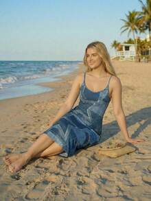 Veykashi 休闲简约长款修身吊带连衣裙，适合夏季穿着，印花面料，蓝色星星印花，性感 - 彩色 - 查看 2