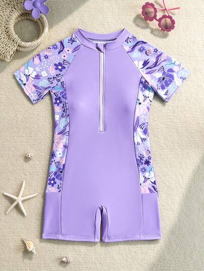 SHEIN Tween Girl Floral Print One-Piece Swimsuit, Suitable For Swimming, Summer Vacation, Beach