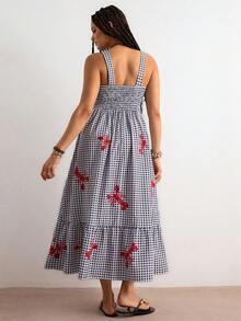 Freevana 大码女式杏色热带花卉印花连衣裙，长吊带连衣裙，适合早春穿着 - 黑與白 - 查看 2