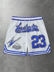 ROMWE MEN Prep Men's Letter & Stripe Print Drawstring Waist Casual Shorts, Summer - White - View 1