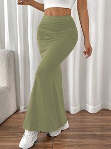 Almamuse Petite 性感百搭修身褶裥侧鱼尾下摆弹力针织黑色半身裙，适合秋冬季女士长裙穿着 - 綠色 - 查看 4