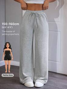 SHEIN PETITE 舒适休闲纯色针织阔腿女式运动裤 - 灰色 - 查看 9
