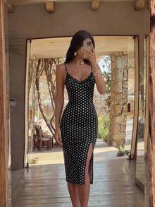 Bonvoyette Women's Fashion Black & White Polka Dot Print Contrast Lace Dress - Black and White - View 4