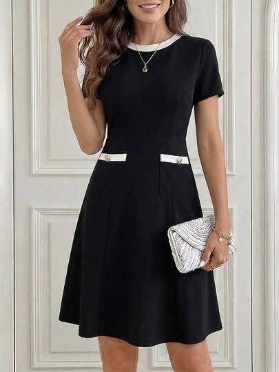 Miaspire 女士黑色蕾丝拼接优雅派对中长连衣裙 女士优雅连衣裙 新年连衣裙 派对连衣裙 黑色连衣裙 黑色优雅连衣裙 女士黑色职业连衣裙 女士职业连衣裙 休闲黑色连衣裙 黑色优雅连衣裙