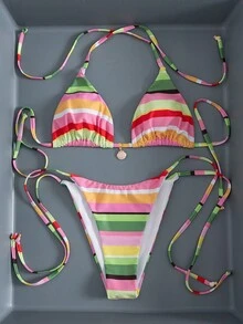 夏季新款法式乡村花卉比基尼，挂脖性感系带两件式泳衣 - 彩色 - 查看 5