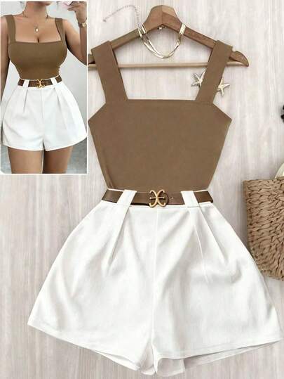 GlowEve Conjunto casual de vacaciones para mujer de 2 piezas con top ajustado de tirantes cuadrado en color marrón y shorts de pierna ancha elásticos en la cintura en color blanco, diseño de moda francés elegante primavera/verano 2026
