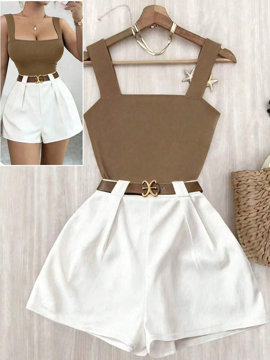 GlowEve Bộ đồ 2 mảnh phong cách Pháp thanh lịch mùa xuân/hè 2026 gồm áo hai dây màu nâu cổ vuông ôm sát và quần short trắng ống rộng cạp chun, thích hợp cho kỳ nghỉ hè, dành cho nữ. - Nhiều màu - Xem 1