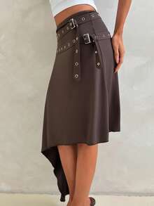 Aloruh Women's Spring/Summer New Solid Brown Y2K Asymmetric Double-Layer Waist Belt Skirt, Suitable For Outings, Music Festivals - Brown - View 7