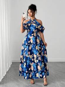 Elenzga Plus Size Floral Print Cold Shoulder Maxi Dress, Casual Holiday Style - Multicolor - View 7