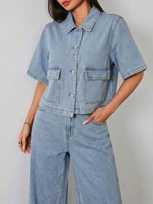 SHEIN 少女纯色水洗深蓝色牛仔衬衫翻领短袖上衣夏季牛仔套装办公室穿搭学院风女装秋季衬衫，返校季女装，校园上衣，返校节服装 - 淺色水洗藍 - 查看 1
