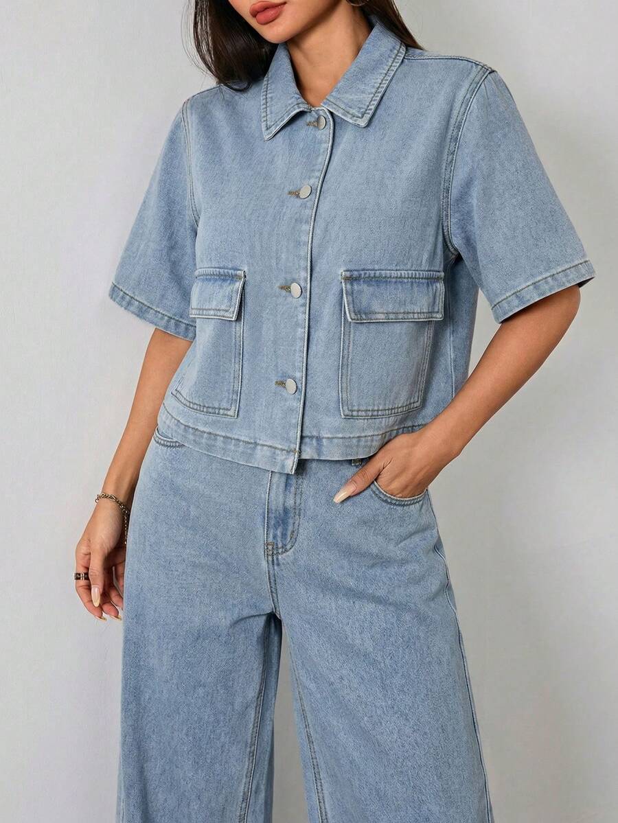 SHEIN 少女纯色水洗深蓝色牛仔衬衫翻领短袖上衣夏季牛仔套装办公室穿搭学院风女装秋季衬衫,返校季女装,校园上衣,返校节服装 - 淺色水洗藍 - 查看 1