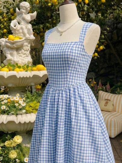 Vintamour Vintage Elegant Women's Dress With Pockets, Plaid Square Collar Strap Dress, Casual Holiday Long Dress