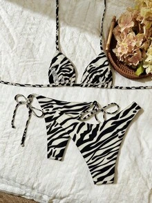 Elavelle Conjunto de bikini de 3 piezas con corte alto y estampado aleatorio para mujer, primavera/verano - Multicolor - Ver 2