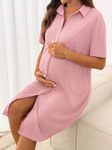 Slowluna Maternity Solid Color Short Sleeve Single-Breasted Casual Ribbed Knit Dress,Loungewear,Sleepwear,Sleepwear Set,Pajama Dress - Pink - View 7