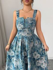 Modelyn Vestido de tirantes elegante con estampado de pintura al óleo retro francés para mujer - Azul - Ver 3