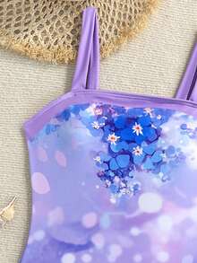 Young Women One-Piece Swimsuit, Teenage Girls Two Pieces Swimwear With Bow Tie, Digital Print Skirt, Beach Party Holiday Swimming Suit - Purple - View 6