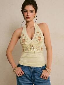 Poéselle 女士花卉刺绣前系带时尚露背吊带衫 - 杏色 - 查看 5