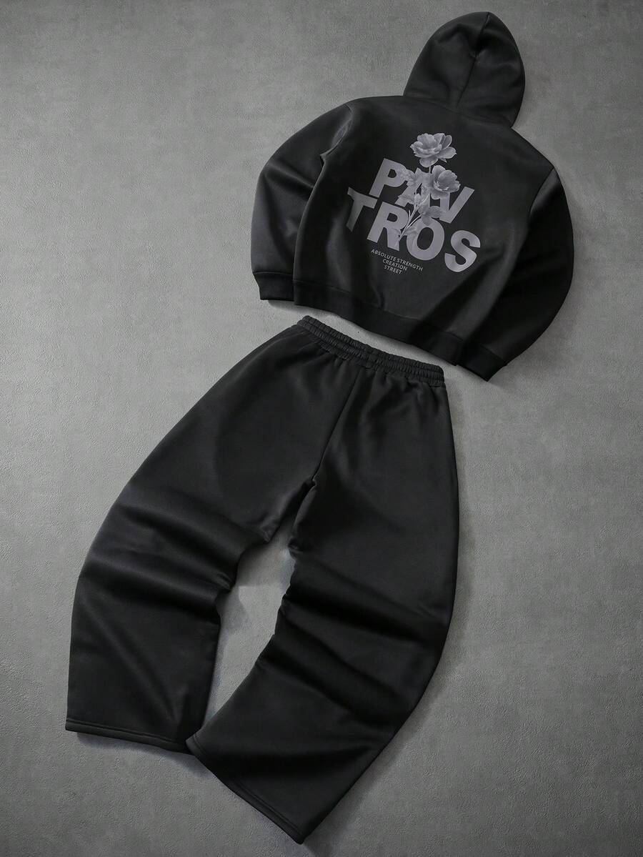 Manfinity Roghcode Men's Slogan & Floral Print Hoodie And Pants Casual Tracksuit Set - Black - View 1