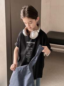 DAZY Tween Boy Round Neck Slogan Print Casual Versatile Daily Wear Short Sleeve T-Shirt Summer - Black - View 6