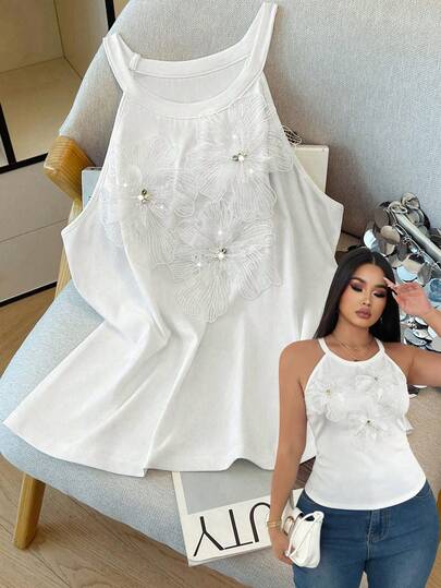 GlowEve CURVE Plus Size Soft Knit Fabric Spaghetti Strap Chest Floral Decor Fitted Tank Top, Elegant For Outings, Commute, Dates, Parties, Vacation