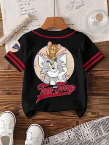 TOM & JERRY X SHEIN 男童休闲字母卡通图案圆领短袖T恤，夏季款 - 白色 - 查看 2