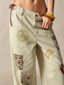 Bohemela Women's Casual Woven Straight Leg Pants Patterned Wideleg Pants - Apricot - View 4