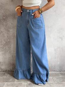 Sunnyshic Plus Size Solid Color New Ruffled Hem Loose Pocket Jeans - Blue - View 3