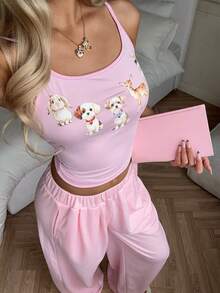 CovetEZ Women's Cute Cartoon Rabbit Print Camisole And Shorts 2 Pieces Outfit,Pink Leopard Print Summer Lounge Set,Casual 2 Pieces Clothes Sets - Pink - View 6