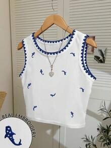 Resyla Plus Size Women Whale Pattern Embroidered Vest Top With Shell Trim - White - View 1
