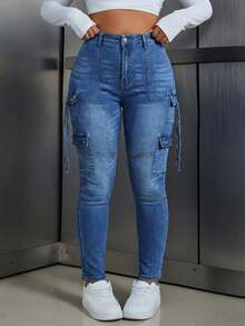 SHEIN ICON Plus Size Solid Color Slant Pocket High Waist Skinny Fashion Cargo Jeans - Blue - View 3