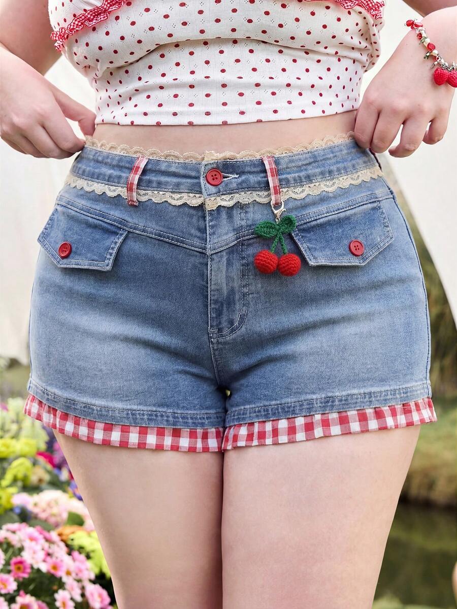 Sweetness Shorts vaqueros de talla grande con bloques de color, diseño campestre dulce para primavera/verano - Azul - Ver 1